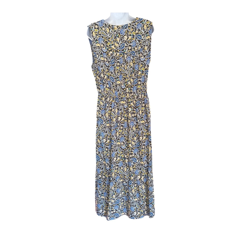 DR2 Midi Dress Boho Cottagecore Paisley Floral Blue Yellow Rayon L Spring - Picture 2 of 4
